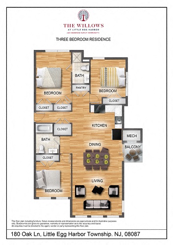 Floor plan for 3 beds, 2 baths